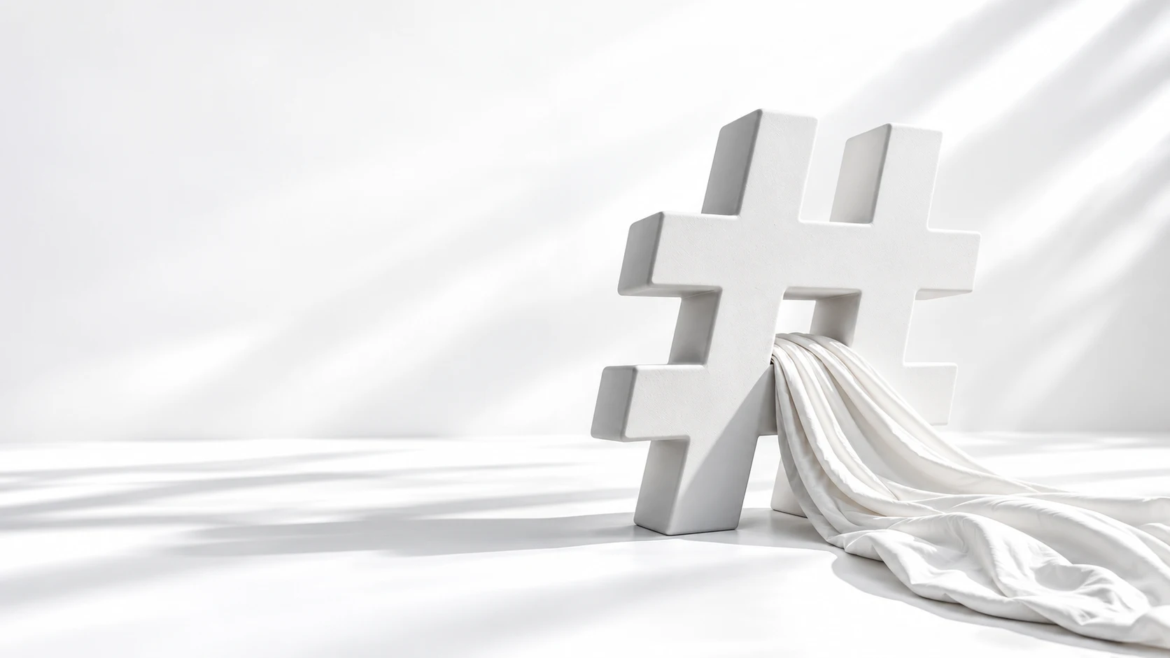 Hashtag blanco en tres dimensiones acompañado de una tela blanca, en un espacio luminoso